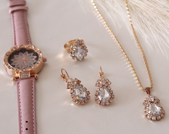 Luxury 5pcs Jewelry Set, Leather Watch, Earrings, Ring (Resizable) and Necklace Set, Ladies Watch Set Fashion Diamond Women Watch Set