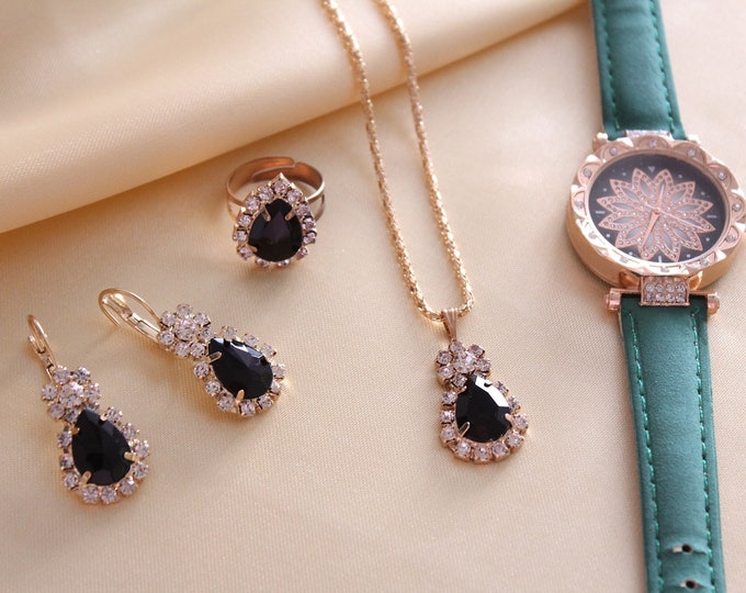 Luxury 5pcs Jewelry Set, Leather Watch, Earrings, Ring (Resizable) and Necklace Set, Ladies Watch Set Fashion Diamond Women Watch Set