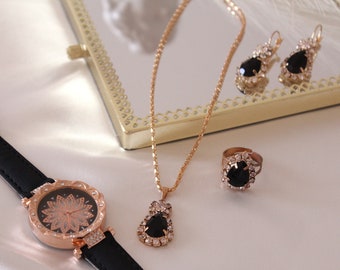 Luxury 5pcs Jewelry Set, Leather Watch, Earrings, Ring (Resizable) and Necklace Set, Ladies Watch Set Fashion Diamond Women Watch Set