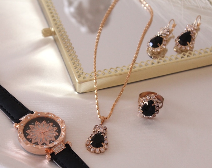 Luxury 5pcs Jewelry Set, Leather Watch, Earrings, Ring (Resizable) and Necklace Set, Ladies Watch Set Fashion Diamond Women Watch Set