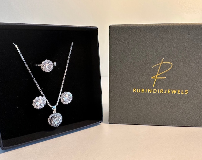 Women's Luxury Diamond Earrings, Diamond Earrings and Ring, Silver Glitter, Cubic Zirconia, CZ Round, Crystal Jewelry Set for Women