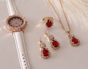 Luxury 5pcs Jewelry Set, Leather Watch, Earrings, Ring (Resizable) and Necklace Set, Ladies Watch Set Fashion Diamond Women Watch Set