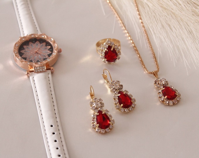 Luxury 5pcs Jewelry Set, Leather Watch, Earrings, Ring (Resizable) and Necklace Set, Ladies Watch Set Fashion Diamond Women Watch Set
