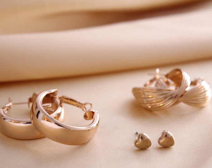 Gold Earrings (3pcs) Set, Minimalist Earrings, Fashion Geometric Pearl Oval Hoops Earrings Set, Gift for Mom, Jewelry for Women