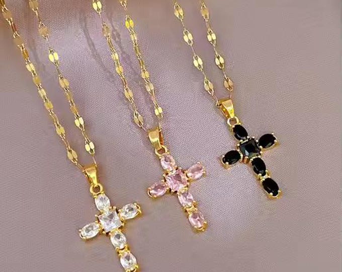 Cross Pendant Necklace, Black Cross Necklace, Pink Cross Necklace, White Cross Necklace, Gift for her, Gift for mother, Women's necklace