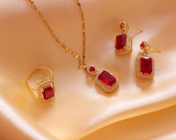Luxury Red Zircon Jewelry 4pcs Set, Resizable Ring, Necklace, and Earrings, Sapphire Ring, Engagement for Women's Jewelry, Sapphire Jewelry