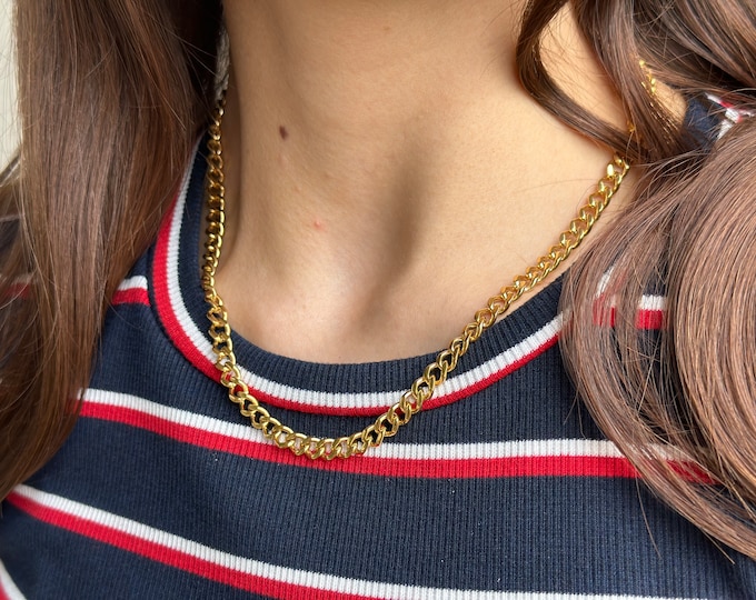 Women's Glamorous 18K Gold, Stainless Steel, Thick Cuban Chain Necklace, Women's Jewelry, 18K Gold Filled Jewelry, Stainless Steel Chain