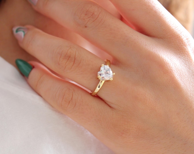White Fashion 18K Gold Filled Ring, Diamond Heart Ring, Resizable Zircon, Heart Love Ring, Gift for Her, Resizable White Ring, Heart Ring