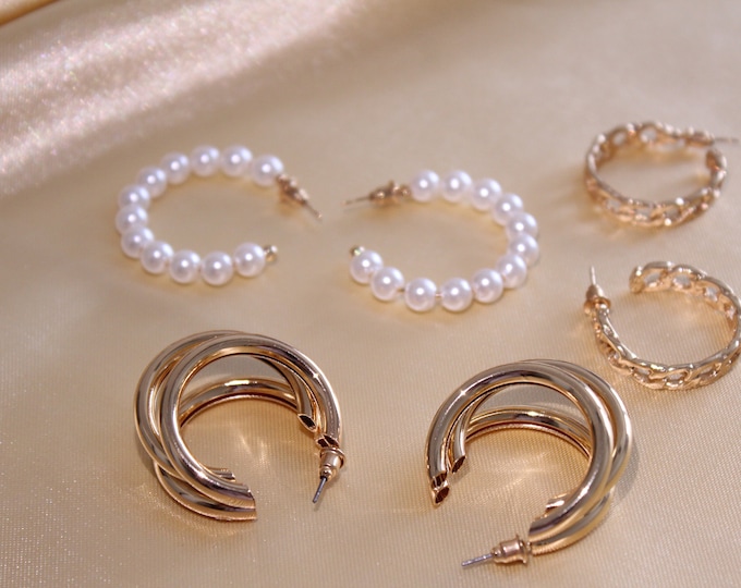 Gold Earrings (6pcs) Set, Gift for Her, Minimalist Earrings, Geometric Pearl Earrings Set, Gift for Mom, Dainty Earrings