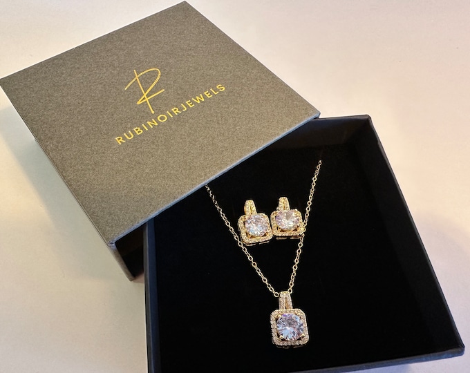 Luxury Bling Zircon, Crystal Earrings, Necklace Gold Set, Engagement and Wedding, Bridal Jewelry Set for Women, Gift for Her