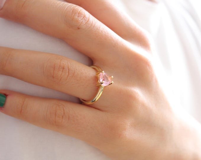 Pink Fashion 18K Gold Filled Ring, Diamond Heart Ring, Resizable Zircon, Heart Love Ring, Gift for Her, Resizable Pink Ring, Heart Ring