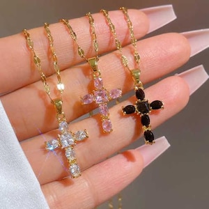 Cross Pendant Necklace, Black Cross Necklace, Pink Cross Necklace, White Cross Necklace, Gift for her, Gift for mother, Women&#39;s necklace