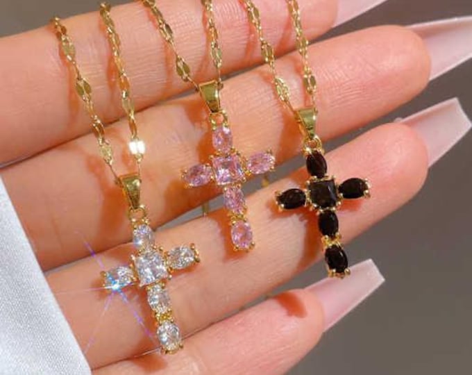 Cross Pendant Necklace, Black Cross Necklace, Pink Cross Necklace, White Cross Necklace, Gift for her, Gift for mother, Women's necklace