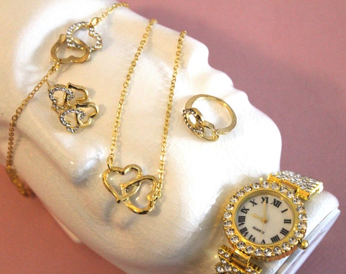 Luxury 6pcs Jewelry Set, Watch, Earrings, Ring, Bracelet and Necklace Set, Handcrafted Jewelry, Gift for her, Gift for mom, Birthday Gift