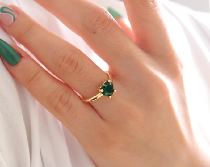 Green 18K Gold Filled Ring, Diamond Heart Ring, Resizable Zircon, Heart Love Ring, Gift for Her, Resizable Green Ring
