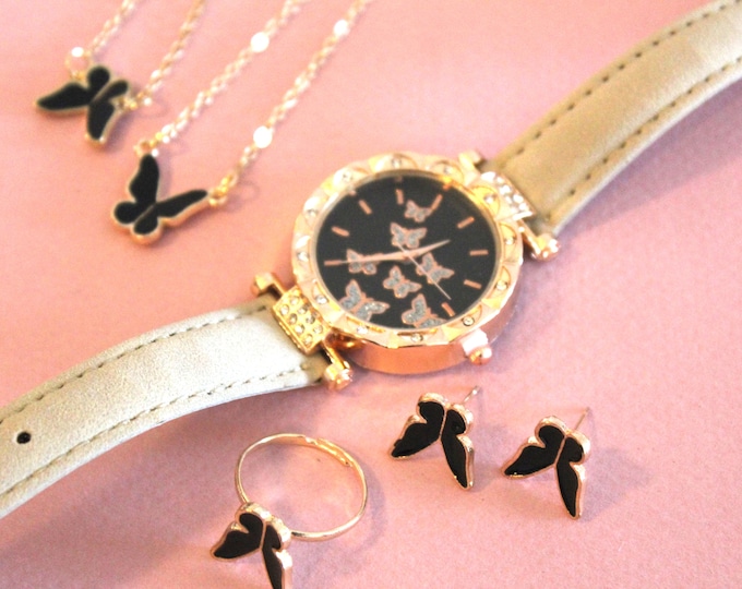 Jewelry Set 6pcs, Leather Watch, Earrings, Ring (Resizable), Bracelet and Necklace Set, Ladies Watch Set, Handcrafted Women Watch Set