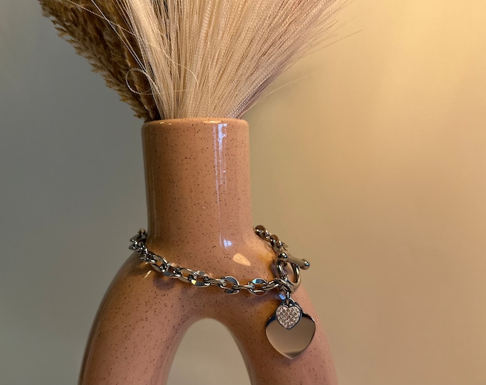 Silver Heart Bracelet, Buckle Heart Bracelet Women Jewelry, 18k Gold Stainless Steel, Gift for Her, Buckle Clasp Bracelet, Anniversary Gift