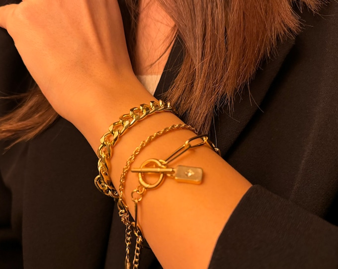 Gold Bracelet Set (3pcs), Rope Bracelet, Buckle Bracelet for Women's Jewelry, Gift for Her, Handcrafted Bracelet, Stainless Steel Bracelet