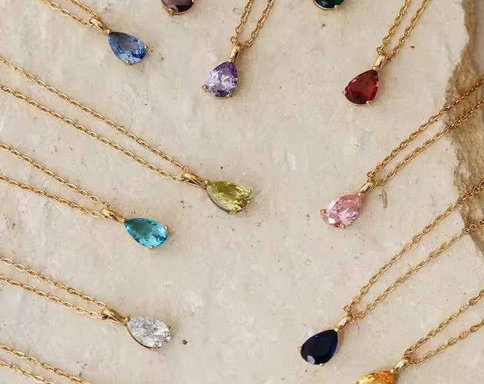 January-December, 12 Months Birthstone Necklace, Zircon Pendant Necklace, 18K Gold Filled, Stainless Steel Necklace, Gift for Her