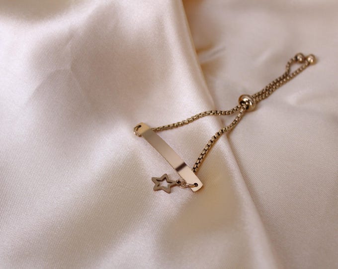 Personalized 18k Gold Bar Bangle, Custom Name Star Bracelet, Charms Star Bracelet, Elegant Gift for Women & Girls, Gift for Her