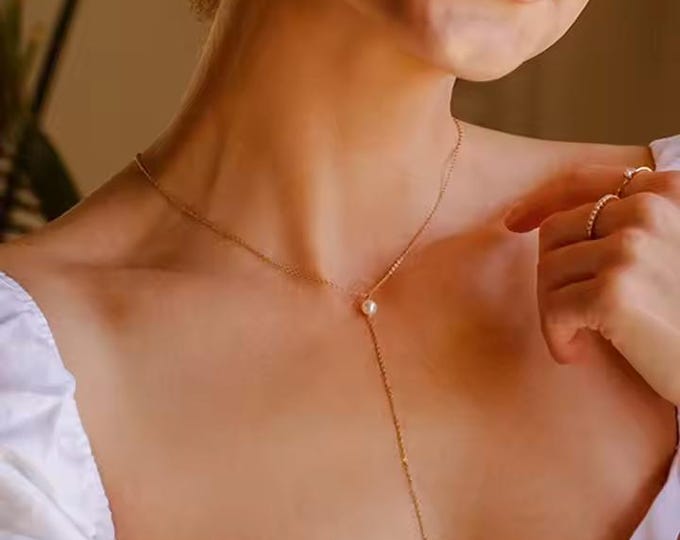 New Long Y Shape Pearls Pendant Necklace, 14K Gold Filled Necklace, Pearl Necklace, Stainless Steel, Wedding, Women's Jewelry, Gift for Her