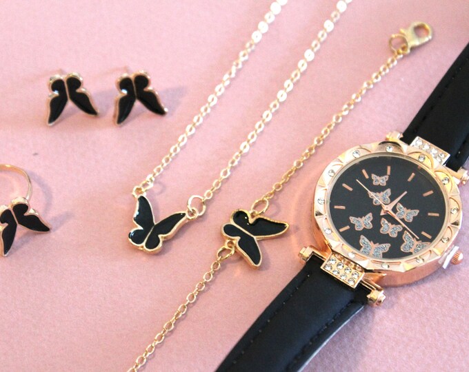 New Jewelry Set 6pcs, Leather Watch, Earrings, Ring (Resizable), Bracelet and Necklace Set, Ladies Watch Set, Handcrafted Women Watch Set