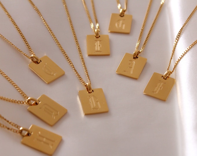 18k Gold Filled, Initial Letter Necklace, Old English Necklace, Personalized Square A-Z Alphabet Necklace, Stainless Steel Jewelry