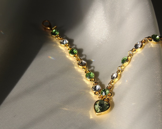Gold Green Bracelet, Green Heart Bracelets, Women Green Sapphire, Tanzanite Chain Bracelet, Trendy Wedding Gift Fine Jewelry, Gift for Her