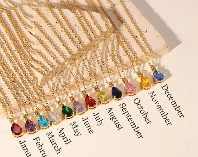 12 Months Birthstone Necklace, January-December, Zircon Pendant Necklace, 18K Gold Filled, Stainless Steel Necklace, Gift for Her