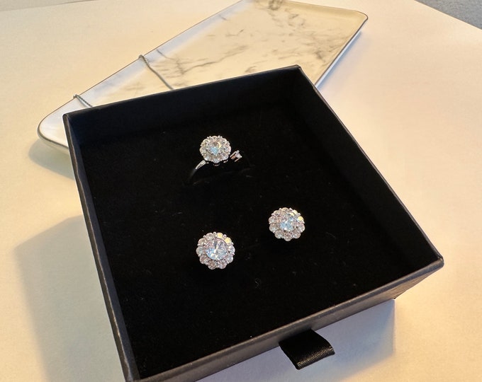 Luxury Diamond Ring, Silver Glitter, Cubic Zirconia, CZ Round, Crystal Jewelry Set for Women, Gift for Her, Gift for Mother