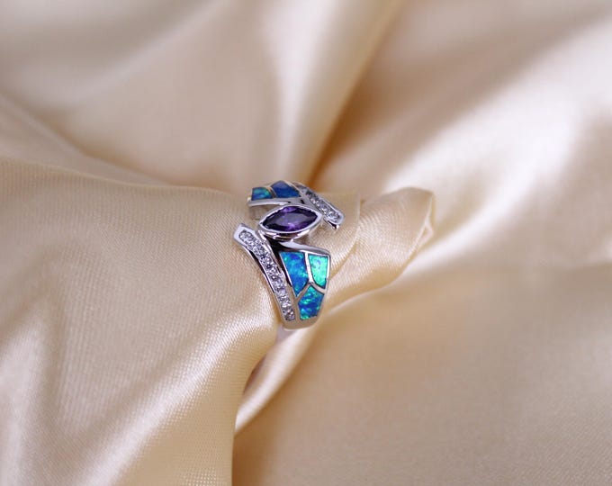 Ocean Opal Mosaic Ring, Sterling Silver with Blue Inlay & CZ Accents, Unique, Adjustable Ring, Statement Piece