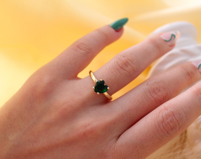 Green Fashion 18K Gold Filled Ring, Diamond Heart Ring, Resizable Zircon, Heart Love Ring, Gift for Her, Resizable Green Ring, Heart Love