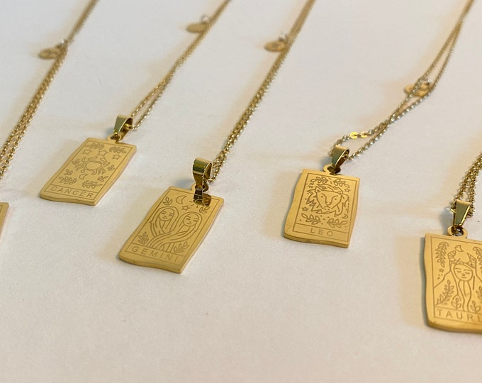 Astrology Zodiac, 18K Gold Filled, Waterproof, Tarot Card Zodiac, Sign Pendant Necklace for Women, Gift for Her, Gift for Mom