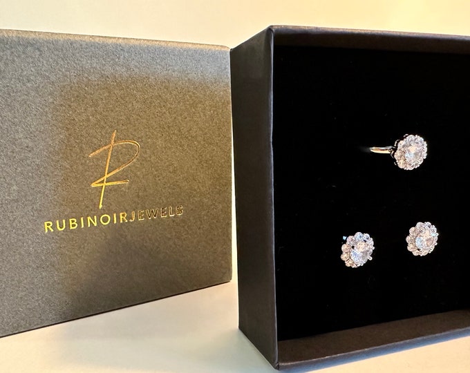 Luxury Diamond Earrings, Diamond Earrings and Ring, Silver Glitter, Cubic Zirconia, CZ Round, Crystal Jewelry Set for Women