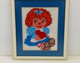 Vintage Crochet Picture Raggedy Anne Framed Textile Needlework Wall Art 14"x12"