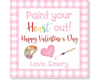 Peut inclure: Carte de Saint-Valentin à motif vichy rose et blanc avec le texte "Peignez votre cœur à fond ! Joyeuse Saint-Valentin Amour, Emery" et une illustration aquarelle d'une palette de peinture, d'un pinceau et d'un cœur rose.