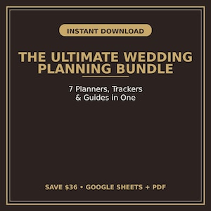 Puede incluir: Un gráfico digital de color marrón oscuro con texto dorado que dice: INSTANT DOWNLOAD, THE ULTIMATE WEDDING PLANNING BUNDLE, 7 Planners, Trackers & Guides in One, y GOOGLE SHEETS + PDF. El diseño presenta un borde dorado fino.