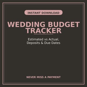 Puede incluir: Una plantilla digital de seguimiento de presupuesto de boda en color marrón oscuro con texto rosa claro. La imagen muestra las palabras INSTANT DOWNLOAD, WEDDING BUDGET TRACKER, Estimated vs Actual, Deposits & Due Dates y NEVER MISS A PAYMENT.