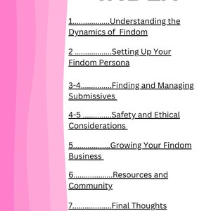 May include: A black and white index page with the word "INDEX" in bold at the top. The page lists seven topics related to findom, including "Understanding the Dynamics of Findom", "Setting Up Your Findom Persona", and "Final Thoughts".