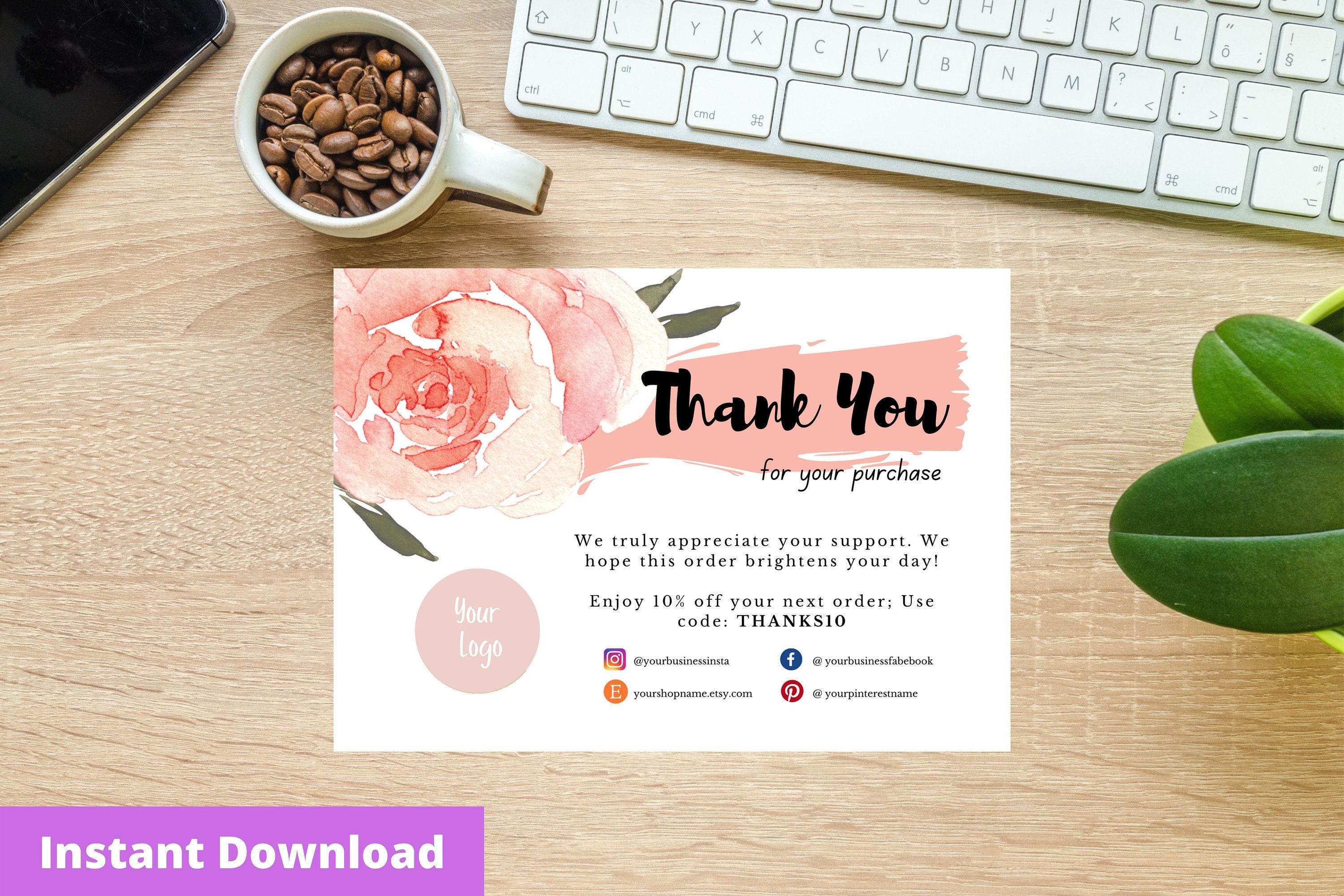 Printable Floral Thank You Card Template Business Card | Etsy