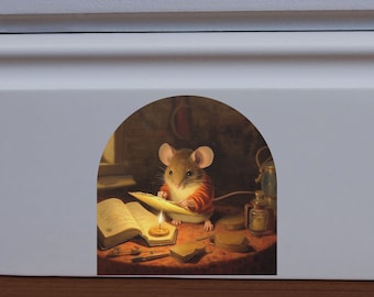 Mouse reading in mouse hole baseboard sticker for kids and teachers,Mouse painting in Mouse Hole Kiss-Cut Sticker,art teacher wall decals
