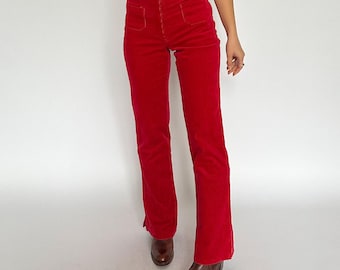 Vintage 1990s red corduroy bootcut pants / mid rise / stretch cotton / pocket front / S-M