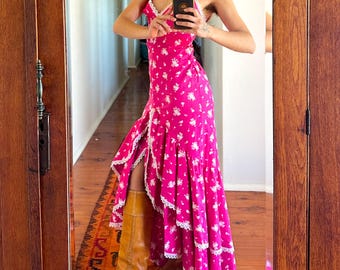 1970s Laura Ashley Floral Cotton Dress: Spanish Flamenco Style XXS-XS