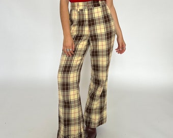 Vintage 70s Plaid Trousers Green Wide Leg Pants Hippie Bell Bottom