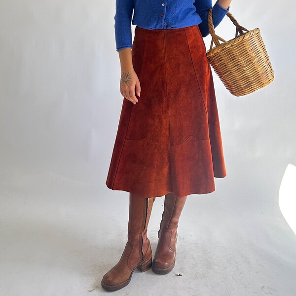 Vintage 1970s Burnt Orange Suede Midi Skirt / High Waisted Patchwork / A-Line Western Bohemian