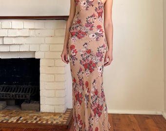 Vintage 90s pink Silk Slip Dress / Floral Chiffon Maxi with Lettuce Hem and bias cut