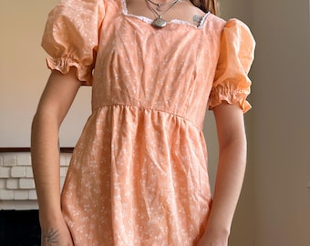 1970s Floral Maxi Prairie Dress: Peach Orange Cottagecore Broderie Anglaise, XS-M