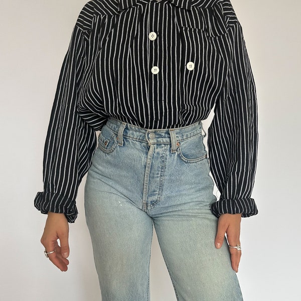 Deadstock Vintage striped shirt / fisherman / workwear / European / black and white / minimalist / chore shirt / men's XL / women's XXL