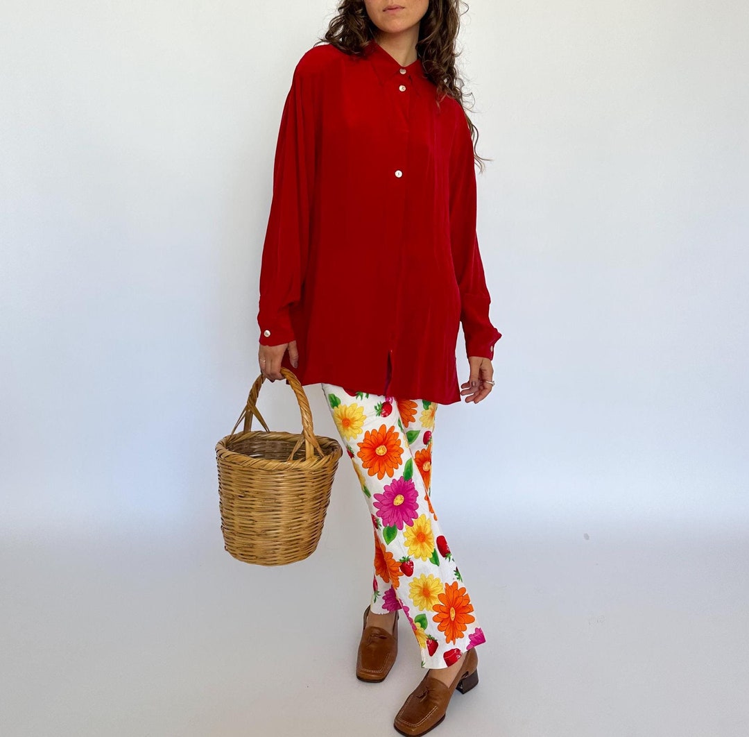 90’s Silk Boxy Red Botanical Blouse Sz 10 by Rena Rowan