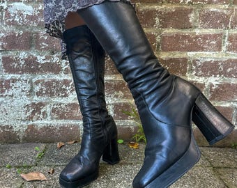 Vintage 1990s black tall leather platform boots / Vintage Knee-High Square Toe Heels / grunge / AU 7 - 7.5